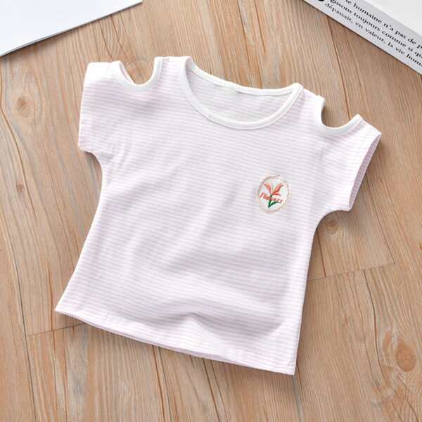 

Toddler Girls Striped Letter Embroidered Cold Shoulder Tee, Pink pastel
