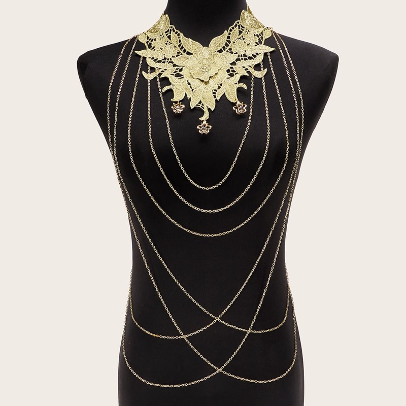 

1pc Metallic Lace Flower Decor Body Chain, Gold