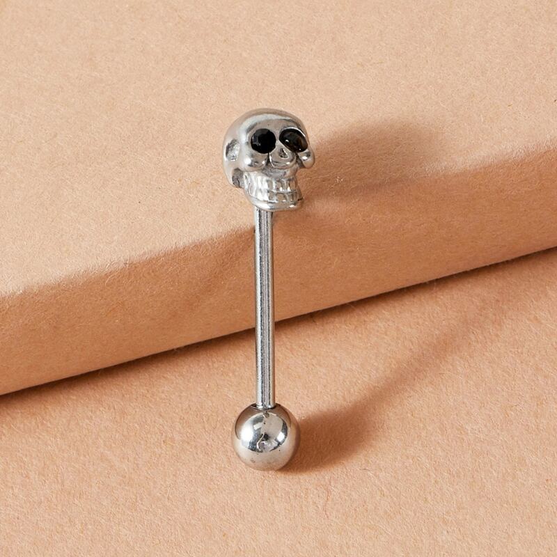 

1pc Rhinestone Engraved Skull Design Lip Stud, Silver