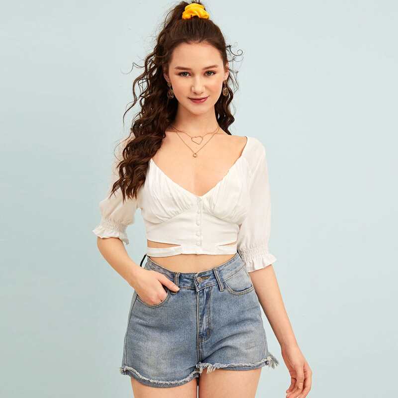 

Button Front Tie Back Shirred Detail Crop Top, White