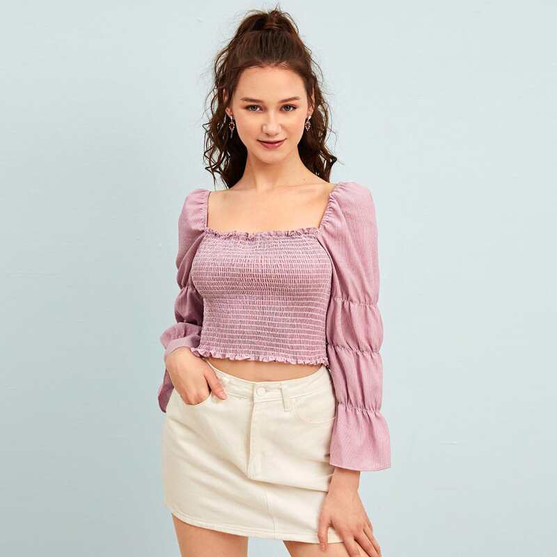 

Gathered Sleeve Frill Trim Shirred Striped Top, Purple