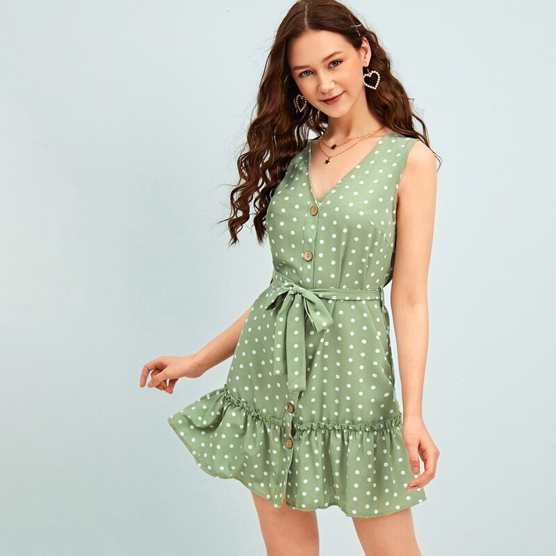 

Button Front Ruffle Hem Belted Polka-dot Dress, Green