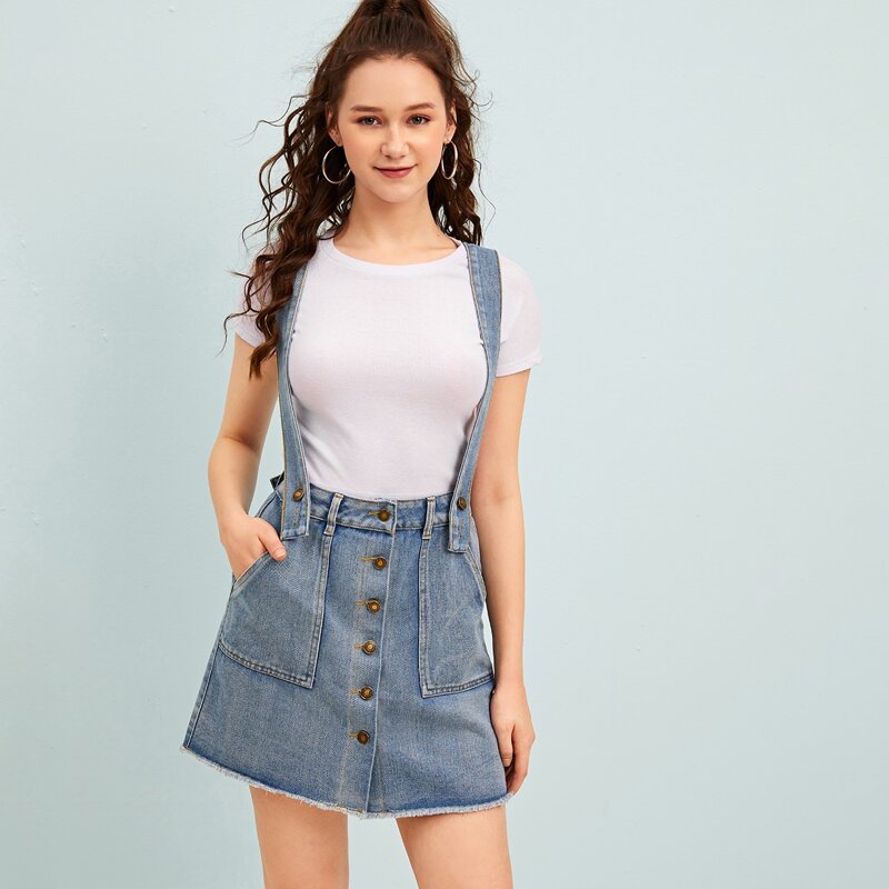 

Solid Button Front Denim Pinafore Skirt, Blue