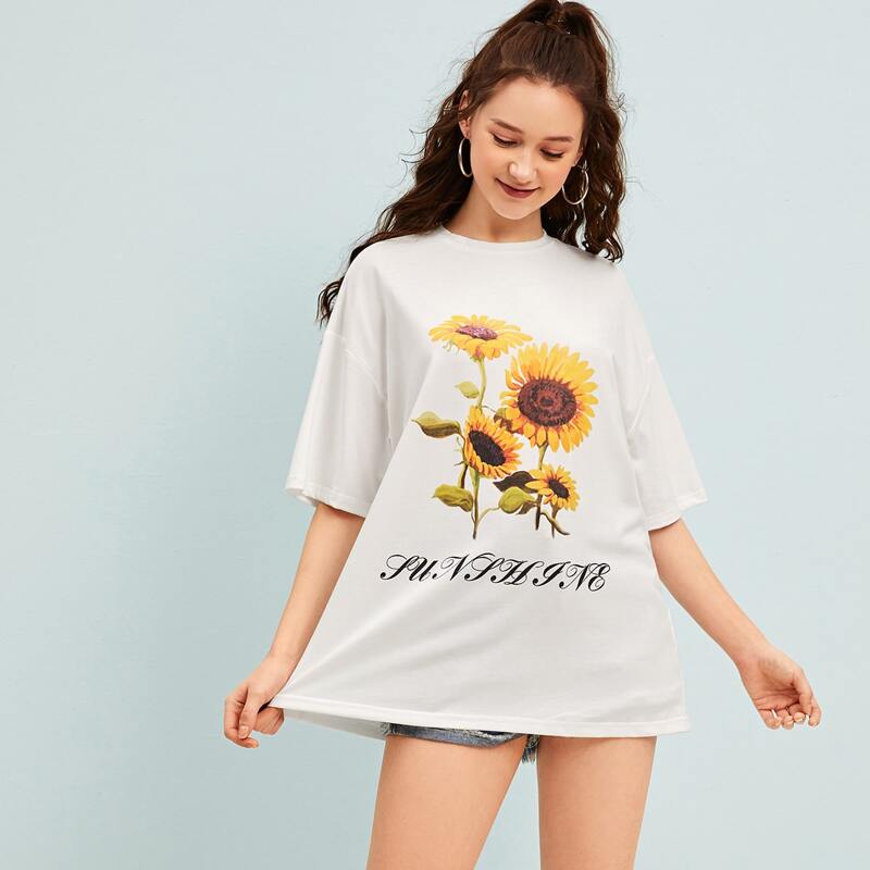 

Drop Shoulder Letter Graphic Sunflower Tee, White