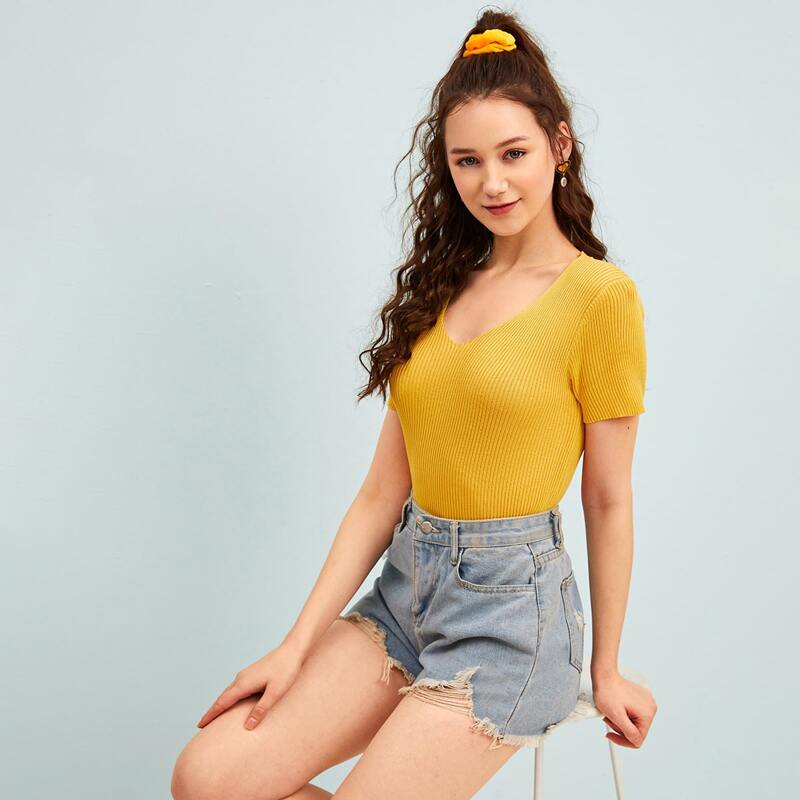 

Solid Ribbed Knit Top, Yellow