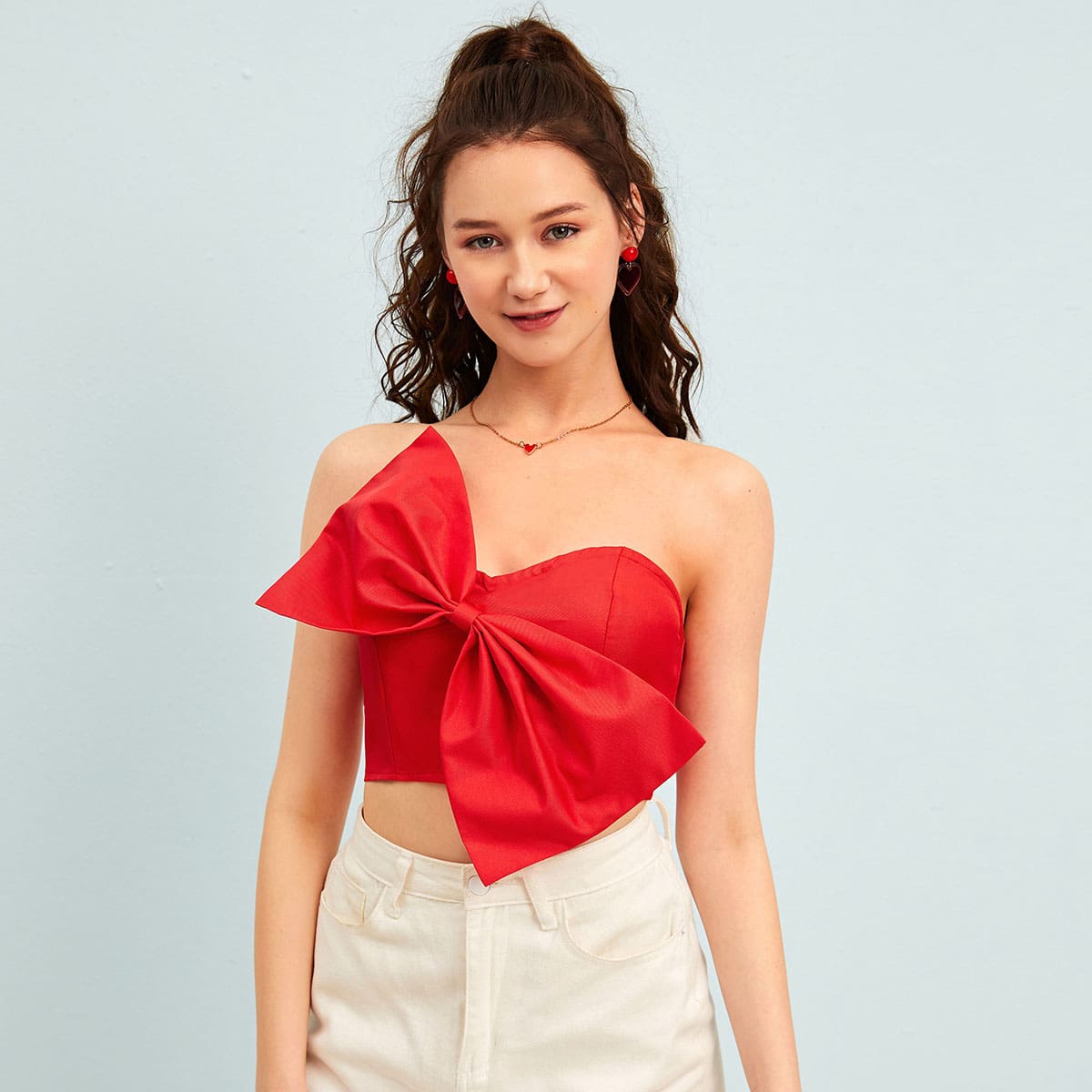 

Big Bow Front Crop Tube Top, Red bright