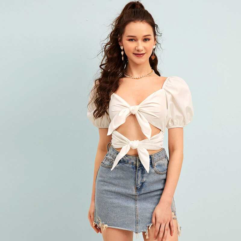 

Self-Tie Puff Sleeve Crop Top, White