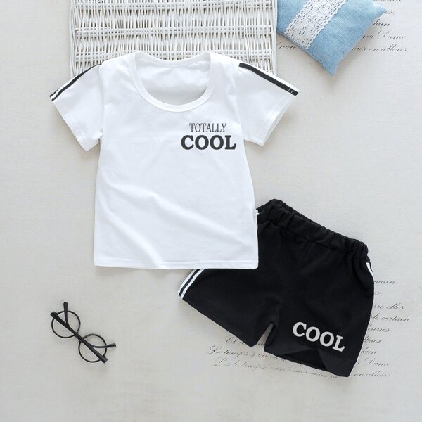 

Toddler Boys Letter Graphic Side Striped Tee With Shorts, Black and white