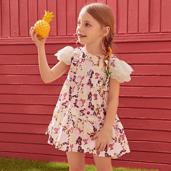 

Toddler Girls Lace Sleeve Floral A-line Dress, Multicolor