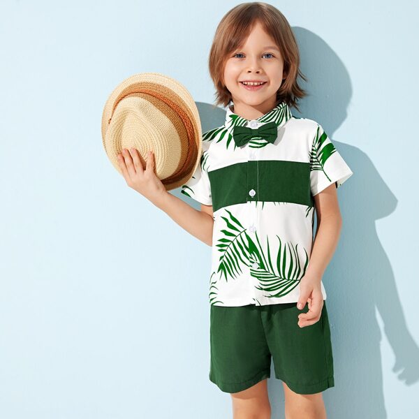 

Toddler Boys Leaf Print Bow Tie Shirt With Shorts, Multicolor