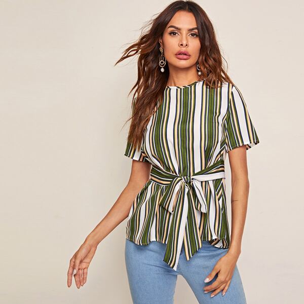

Keyhole Back Self Belted Striped Top, Green