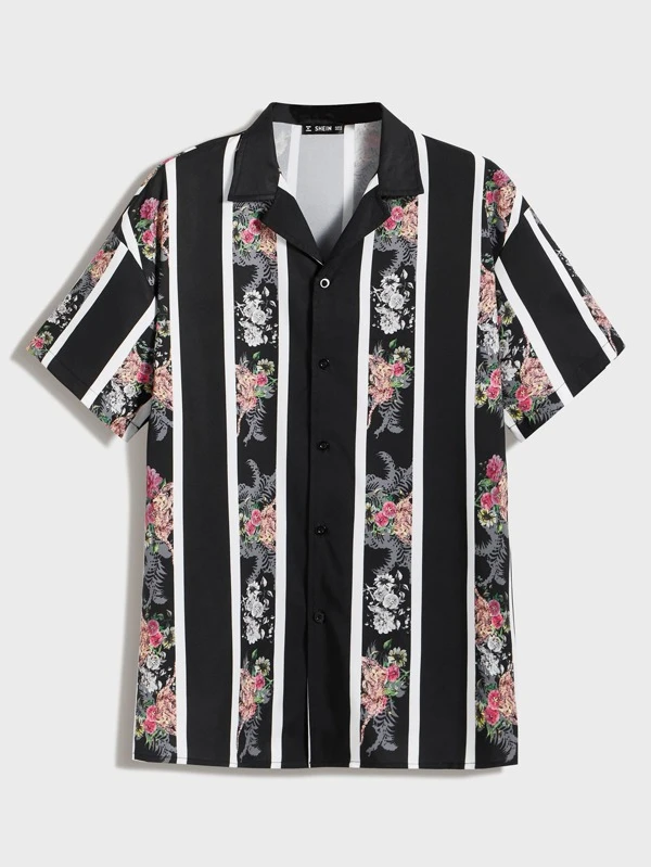 Camisa de hombres con estampado floral de rayas de cuello Camisa de hombres con estampado floral de cuello notch | ROMWE