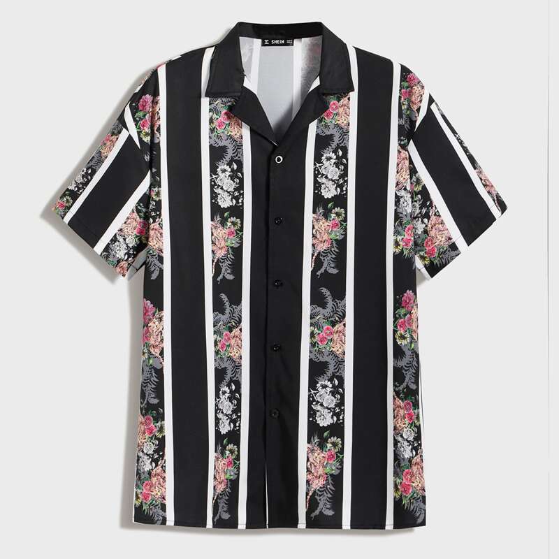 

Guys Revere Collar Striped & Floral Print Shirt, Multicolor