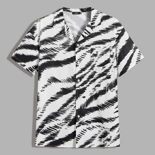 

Men Tiger Stripe Print Pocket Patched Shirt, Black and white