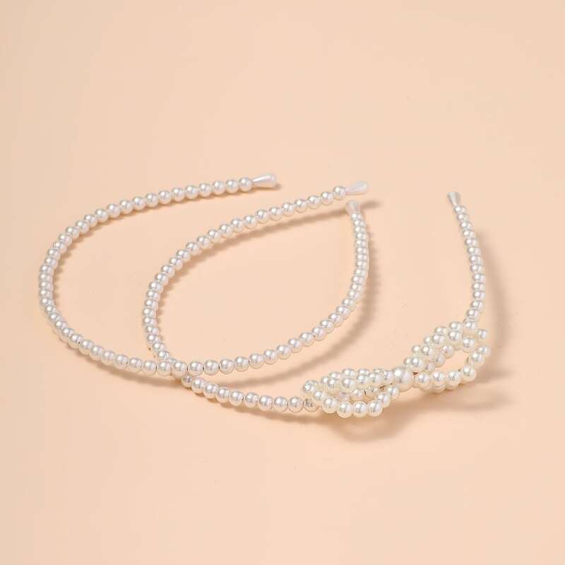

2pcs Faux Pearl Beaded Bow Knot Decor Hair Hoop, White