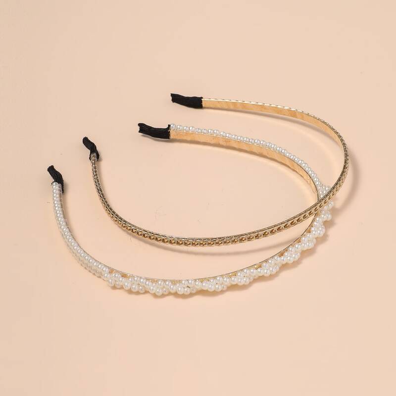 

2pcs Faux Pearl & Chain Decor Hair Hoop, Multicolor