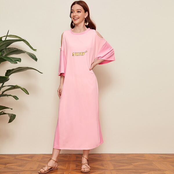 

Letter Graphic Cold Shoulder Tee Dress, Pink