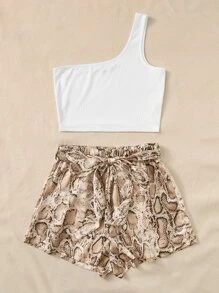 SHEIN 單肩羅紋針織上衣和自腰帶蛇皮紋短褲套裝 - 彩色 - 查看 4