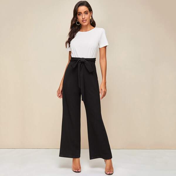 

Wide Leg Belted Combo Jumpsuit, Black and white