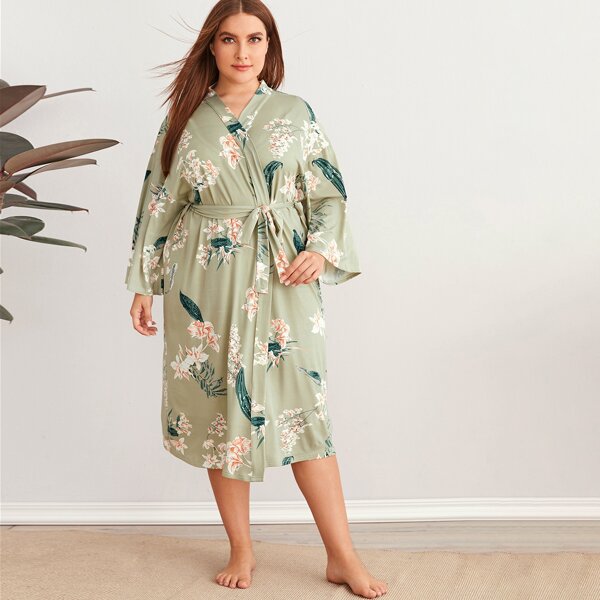 

Plus Floral Print Self Tie Robe, Green