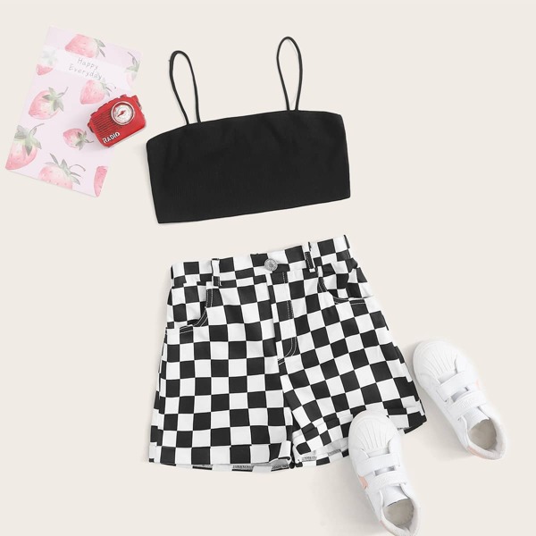 

Girls Rib-knit Crop Cami Top & Checked Print Shorts Set, Black and white