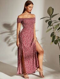 Breezaya Borgonha Abertura lateral Florzinhas Boho Vestido