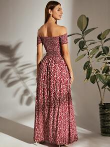 Breezaya 露肩打褶上身m形開衩下擺小碎花連衣裙 - 酒紅色 - 查看 2