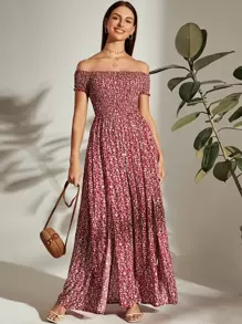 Breezaya 露肩打褶上身m形開衩下擺小碎花連衣裙 - 酒紅色 - 查看 6