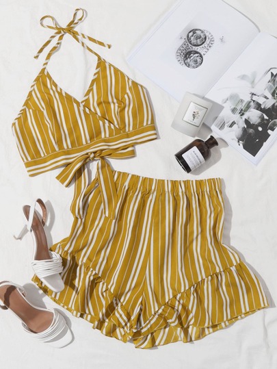 Halterneck Tie Back Striped Top & Shorts Set