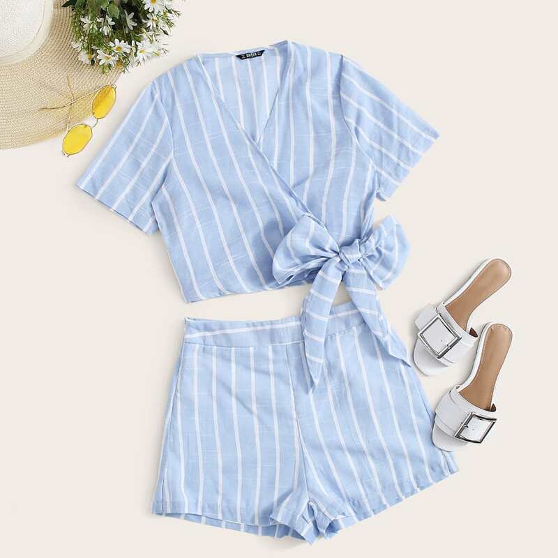 

Surplice Wrap Knot Side Striped Top & Shorts Set, Blue