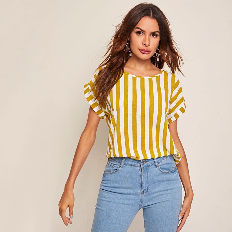 

Rolled Cuff Striped Top, Yellow
