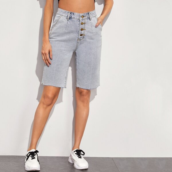 

Button Fly Bermuda Denim Shorts, Blue pastel