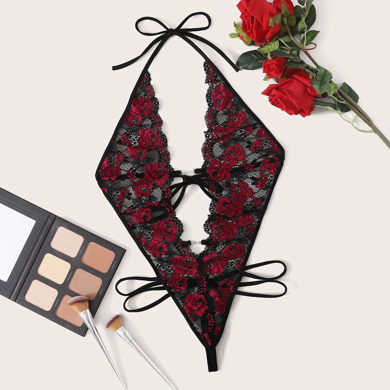 

Floral Lace Plunging Teddy Bodysuit, Black