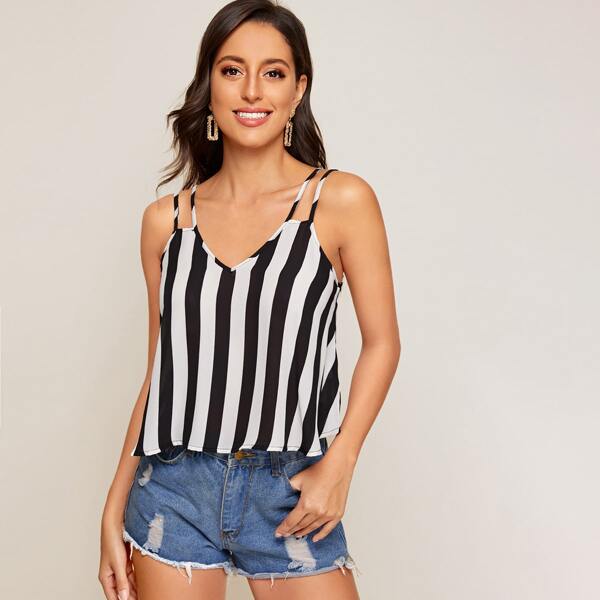

Double Strap Striped Cami Top, Black and white