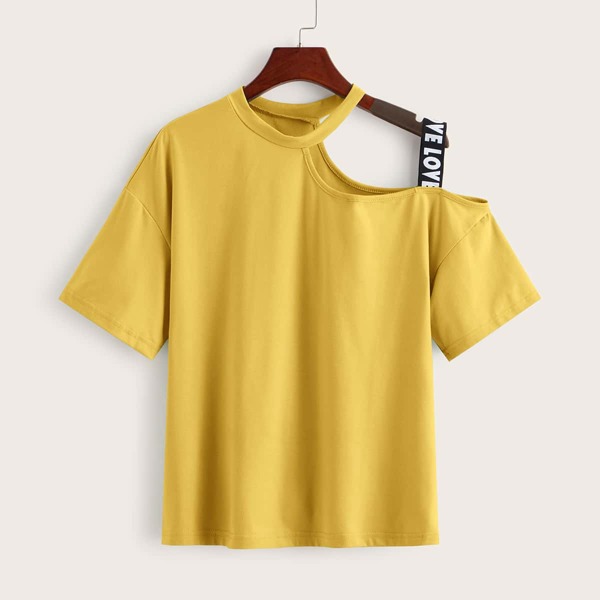 

Asymmetrical Shoulder Letter Tape Detail Top, Yellow