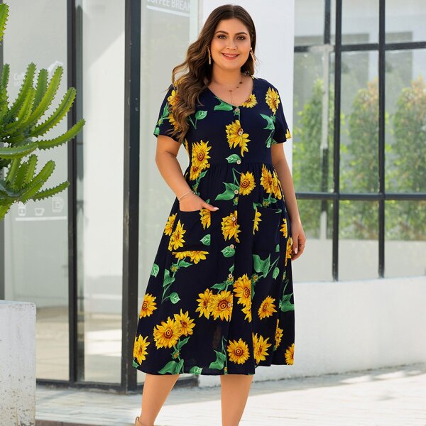 

Plus Sunflower Print Dual Pockets A-line Dress, Multicolor