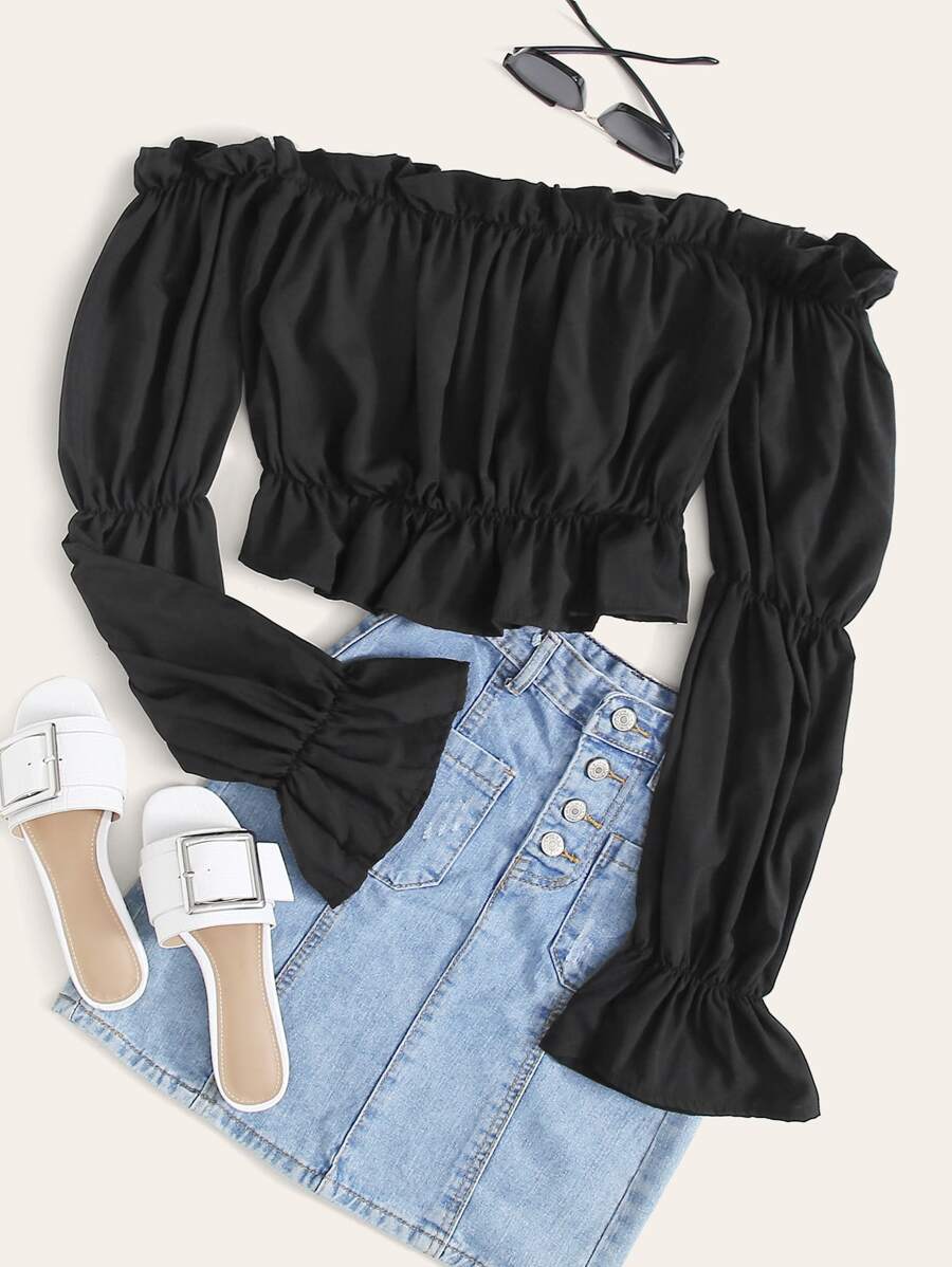 SHEIN VCAY Flounce Sleeve Frill Bardot Crop Blouse - Black - View 1