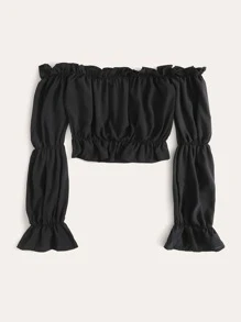 SHEIN VCAY Flounce Sleeve Frill Bardot Crop Blouse - Black - View 2