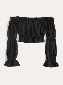 SHEIN VCAY Flounce Sleeve Frill Bardot Crop Blouse - Black - View 5