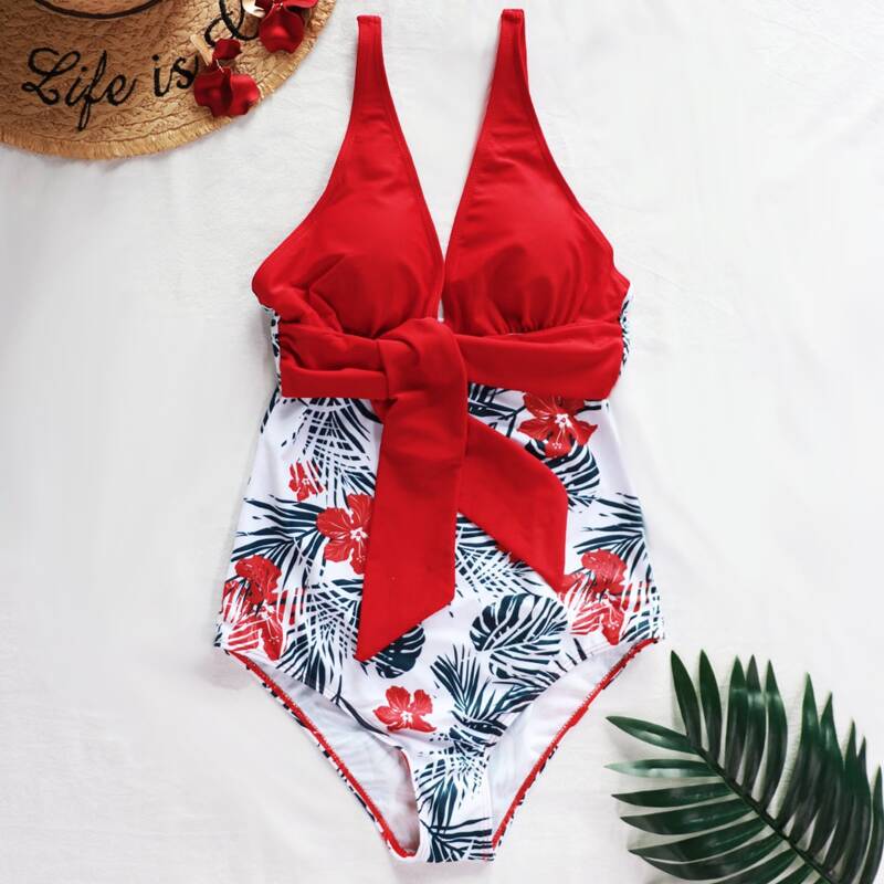 

Palm Random Print Bow Tie One Piece Swimsuit, Multicolor
