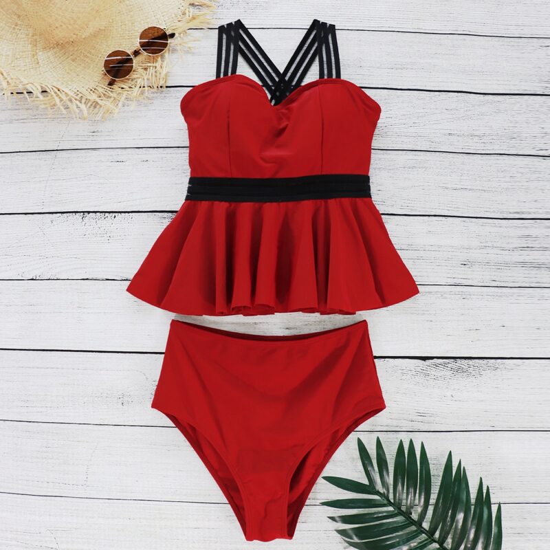 

Ruffle Hem Criss Cross High Waisted Bikini Swimsuit, Red