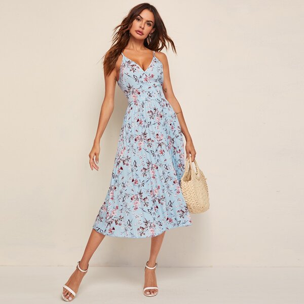 

Surplice Neck Floral Print Pleated Cami Dress, Blue