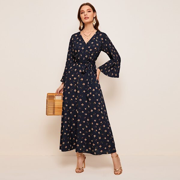 

Pleated Sleeve Self Belted Floral Print Dress, Navy blue