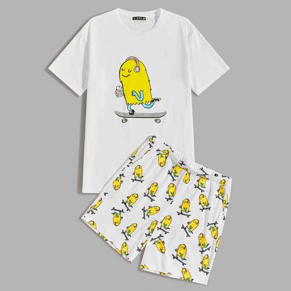 

Men Cartoon Graphic Top & Shorts PJ Set, White