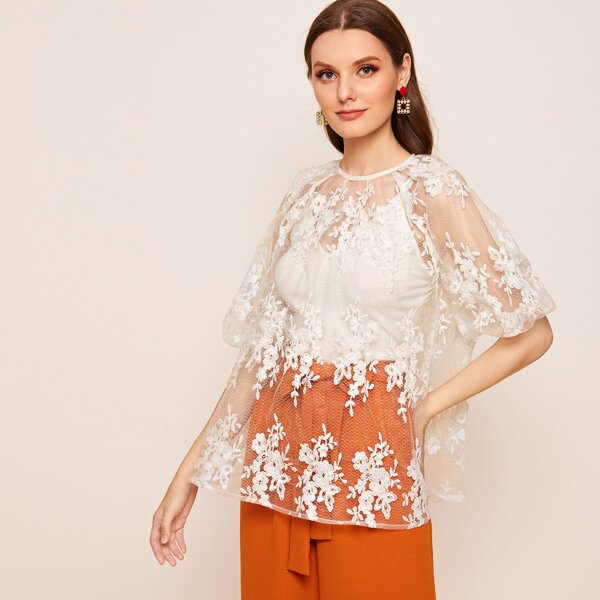 

Puff Sleeve Floral Embroidered Mesh Sheer Top Without Camisole, White