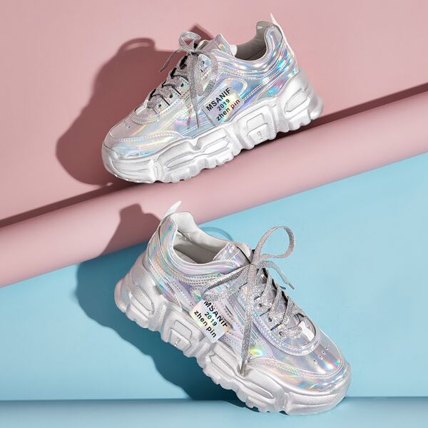 

Lace-up Front Holographic Chunky Sneakers, Silver