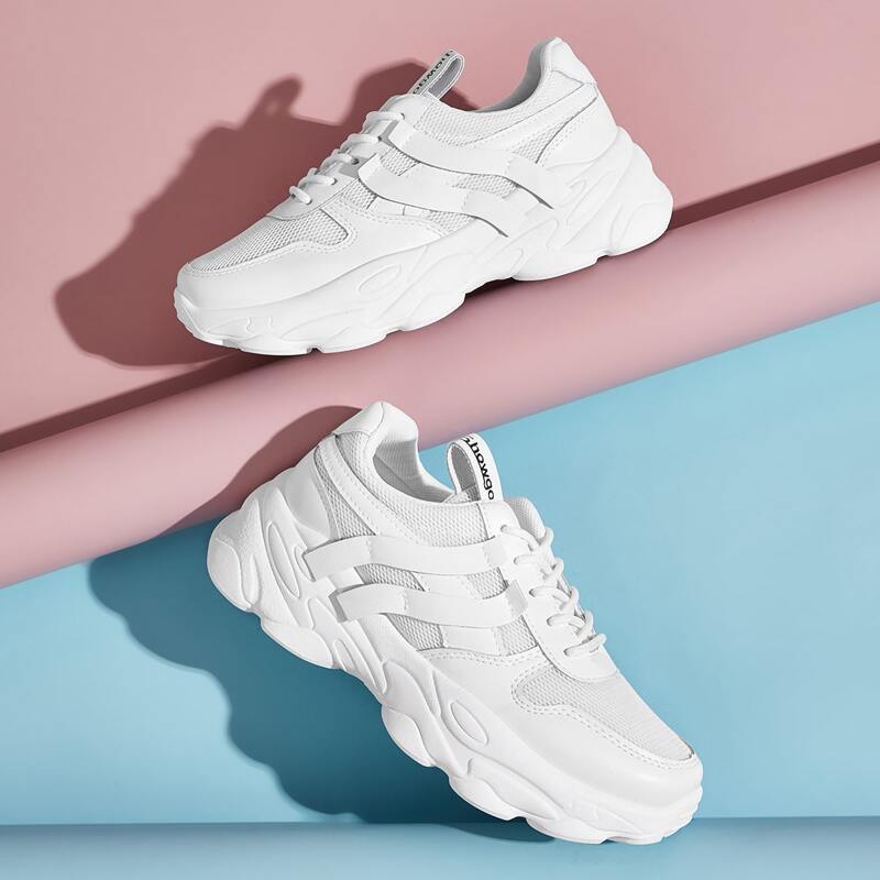 

Lace-up Front Mesh Panel Chunky Sneakers, White