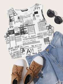 SHEIN Newspaper Print Crop Tank Top - Black and White - View 1