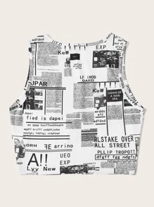 SHEIN Newspaper Print Crop Tank Top - Black and White - View 2