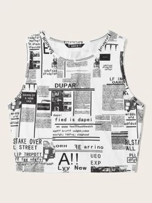 SHEIN Newspaper Print Crop Tank Top - Black and White - View 3